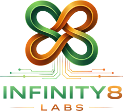 Infinity8 Labs logo: copper and green infinity symbol