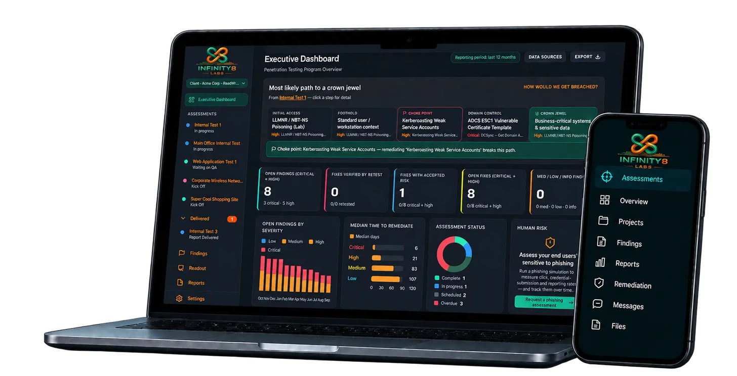 Infinity8 security assessment platform dashboard on laptop and phone